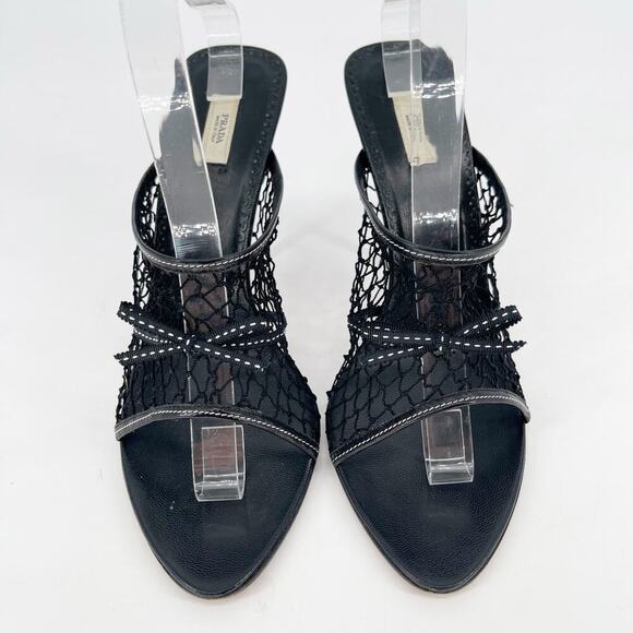 Prada Vintage Black Fishnet Bow Detail Retro Mule Slide Sandal Heel size IT 38.5 - Picture 6 of 11